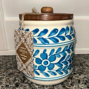 Hand-Painted Blue and White Ceramic Jar with Wooden Lid